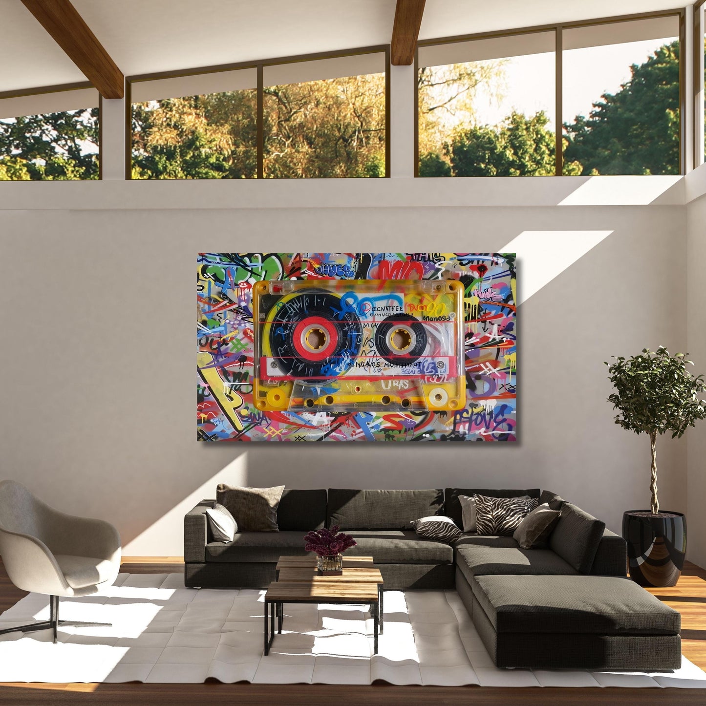 May include: A large canvas art piece featuring a yellow cassette tape design with colorful graffiti art. The cassette tape has red and black details. The background is a vibrant mix of graffiti art in various colors.