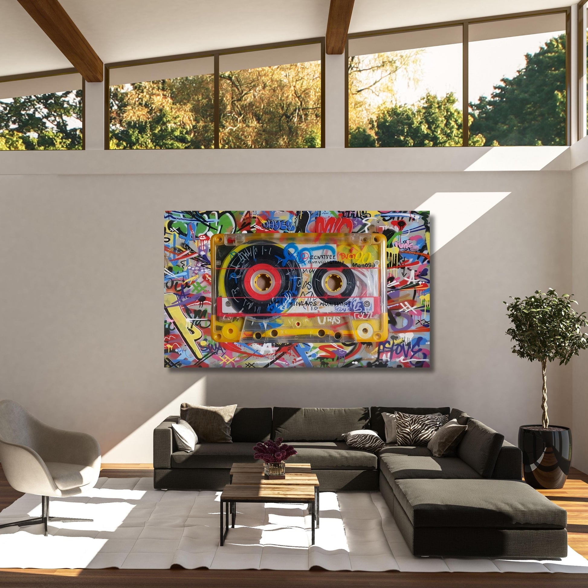 May include: A large canvas art piece featuring a yellow cassette tape design with colorful graffiti art. The cassette tape has red and black details. The background is a vibrant mix of graffiti art in various colors.
