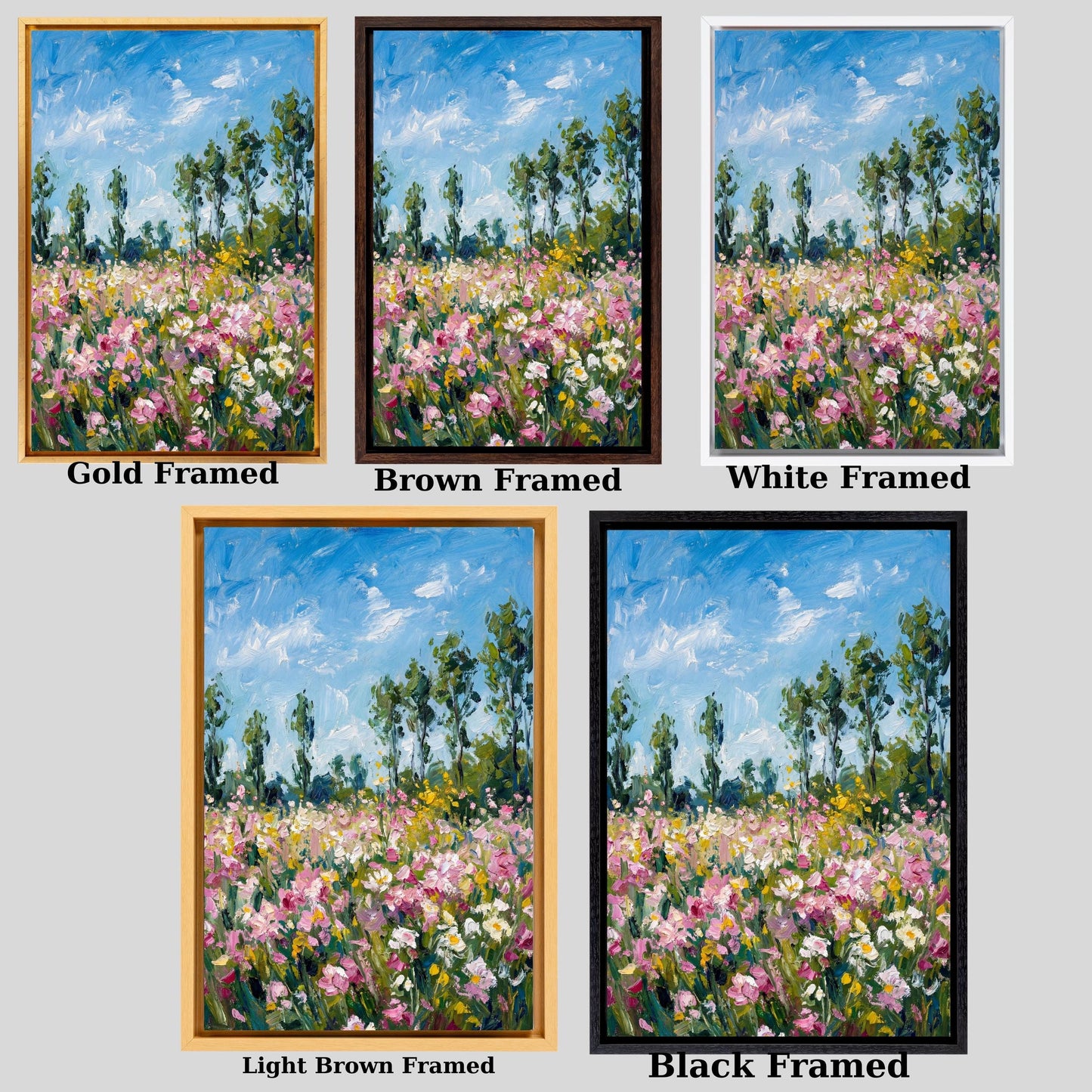 Klimt style Botanical Landscape, Horizontal Large Framed Canvas Art, Oversize Nature Print with Elegant Wood Frames, Modern Wall Hangings