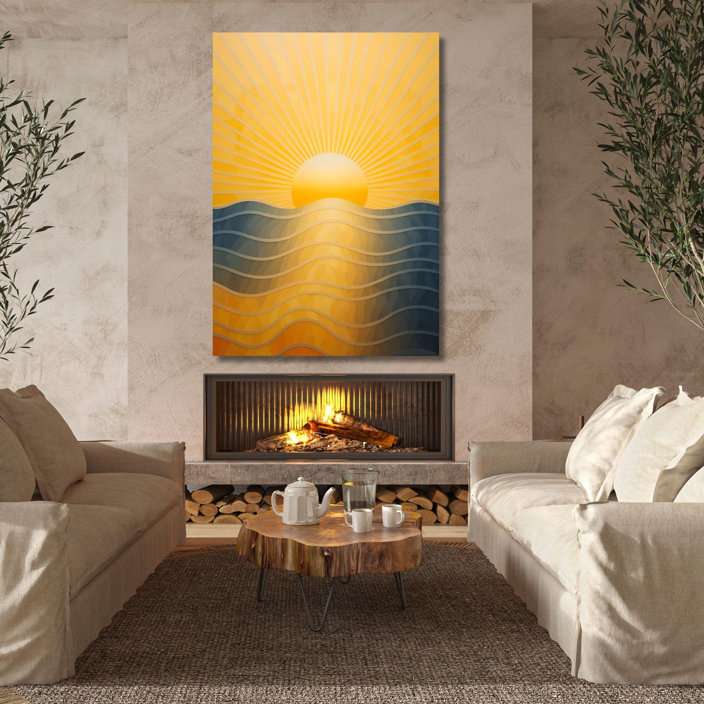 Boho Sunset Canvas Art: Retro Sun & Sea Print