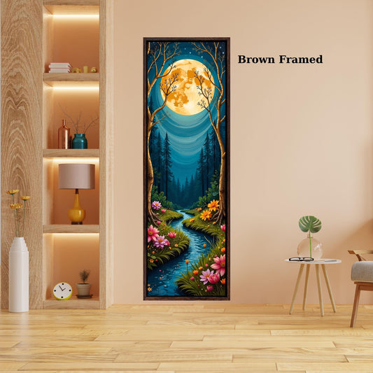 Gustav Klimt Style Magical Forest Canvas Wall Art with Full Moon Sky and River Dreamy Nature Print for Bedroom or Living Room Wall Decor