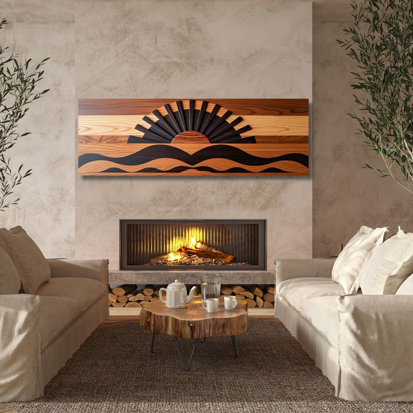 Boho Sunrise Canvas Wall Art – Wood Look Sun Print for Bedroom or Office – Natural Above Bed Decor – Earthy Bohemian Home Gift Print art
