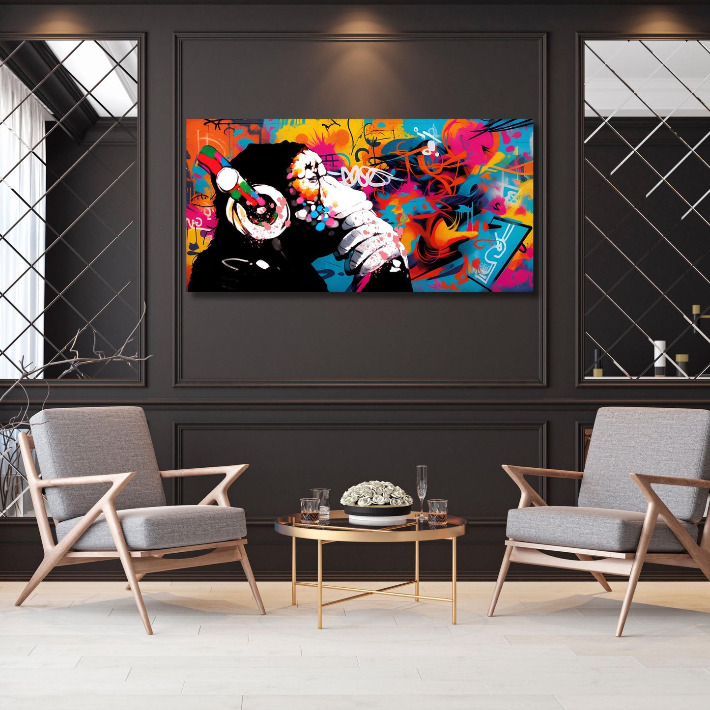 Banksy DJ Monkey Canvas Wall Art Banksy Thinking Monkey Music Thinker Graffiti Wall Art Extra Large Wall Art Gorilla Chimp Ready to Hang
