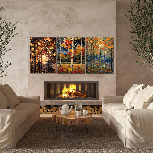 Set of 3 Gustav Klimt Night Canvas Wall Art Klimt style Klimt Moon Stars Canvas Wall Art Modern Living Room Gold Flowers Night Sky wall art