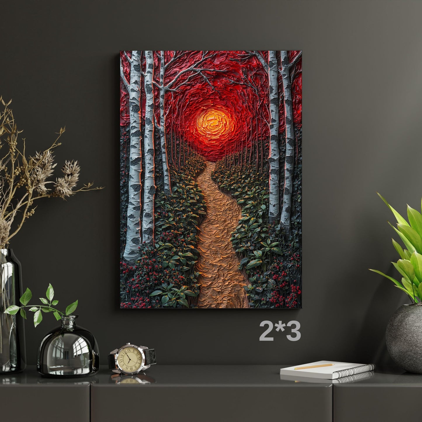 Long Narrow Canvas Wall Art Red Sunset Forest Path Canvas Wall Art – Abstract Nature Landscape Modern Decor