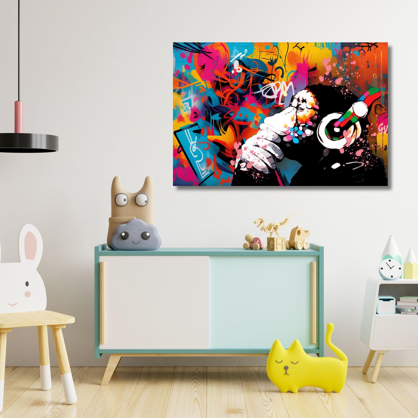 Banksy DJ Monkey Canvas Wall Art Banksy Thinking Monkey Music Thinker Graffiti Wall Art Extra Large Wall Art Gorilla Chimp Ready to Hang