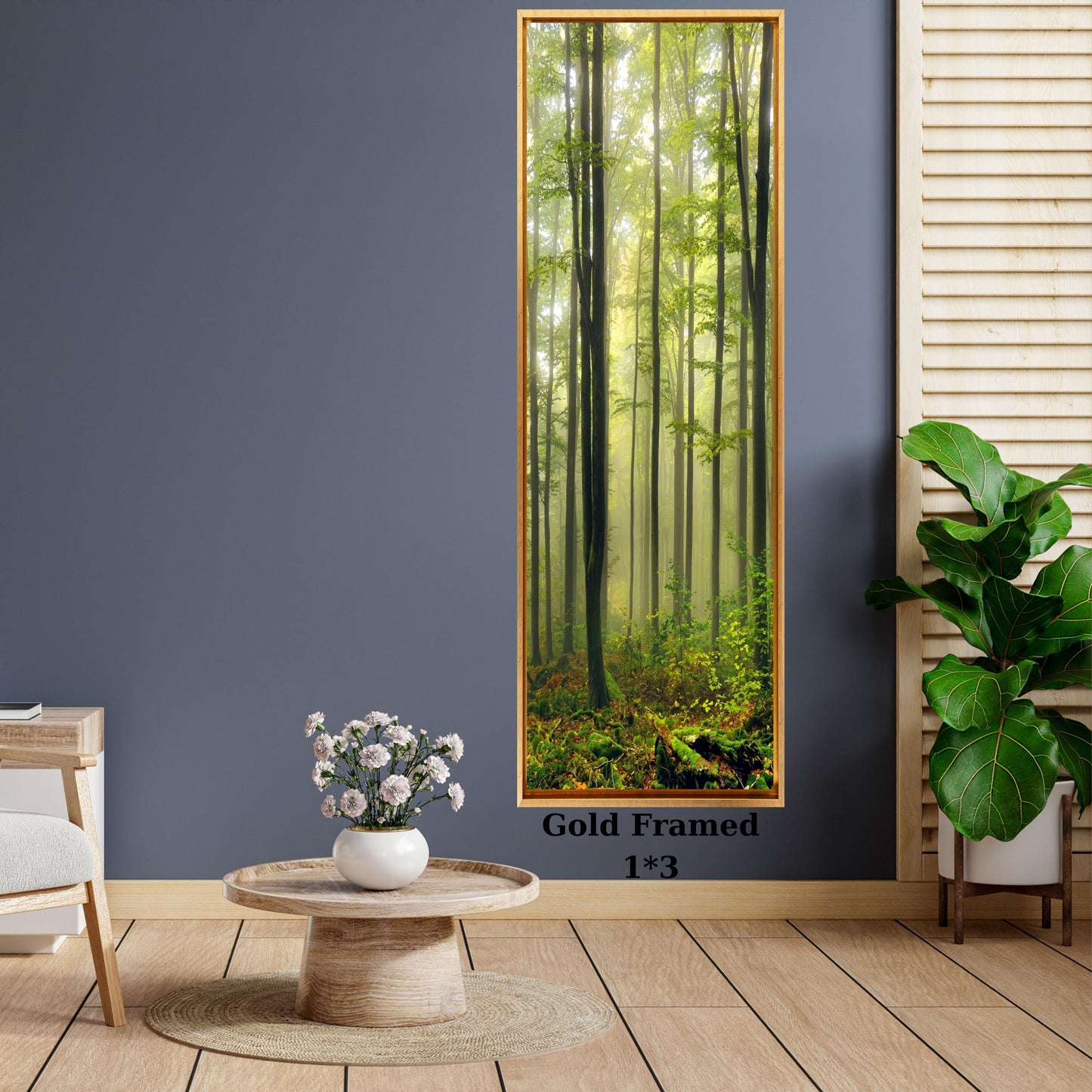 Long Canvas Foggy Forest Wall Art, Misty Pine Tree Panoramic Print, Vertical Woodland Nature Decor, Minimalist Green Forest Landscape Art