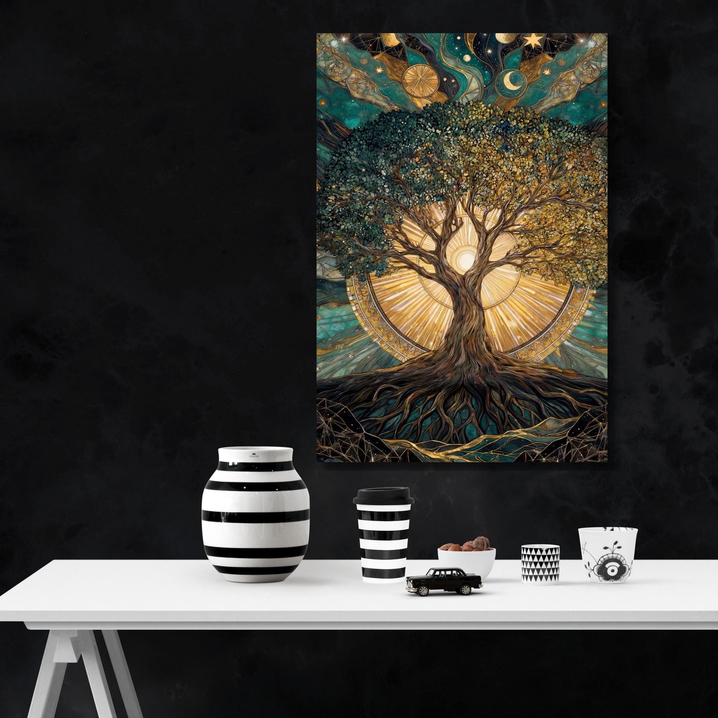 Tree of Life Canvas Wall Art,Klimt &Dali Inspired Vertical Print,Mystical Sun and Moon Wall Decor,Surreal Spiritual Tree art,Tall Gold Decor